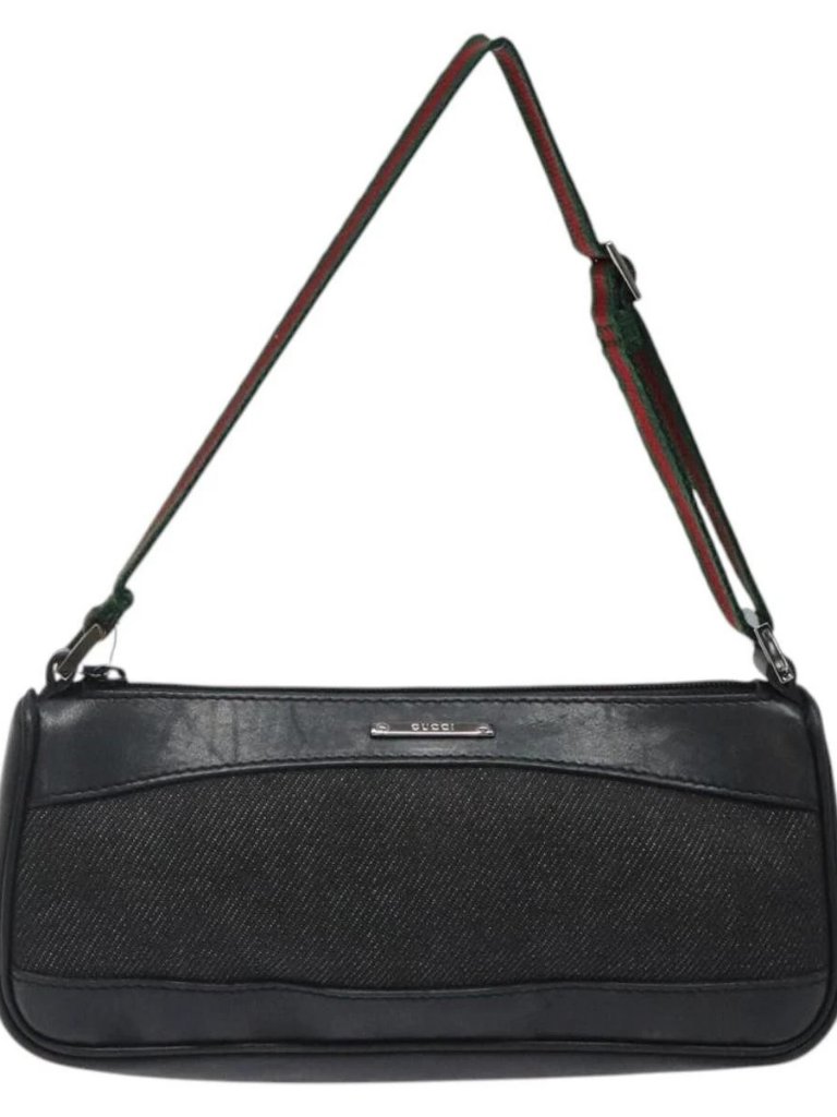 Gucci Web Sherry Line Accessory Pouch Canvas Black Silver Red 92820 Auth Am8378